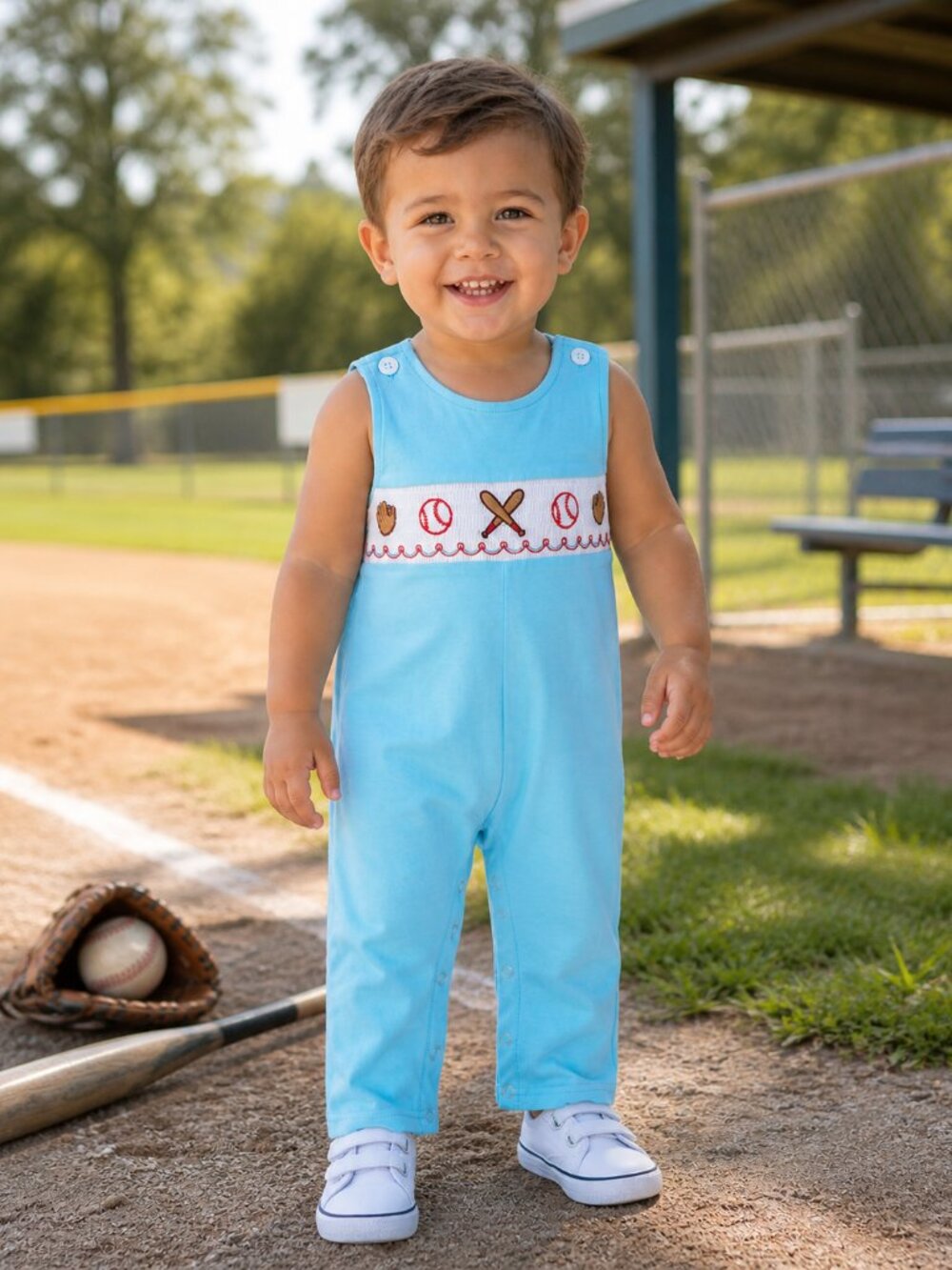 NWT Rylee Faith Toddler Boy Baseball Jon Jon Size 18 Months Blue Smocked Romper